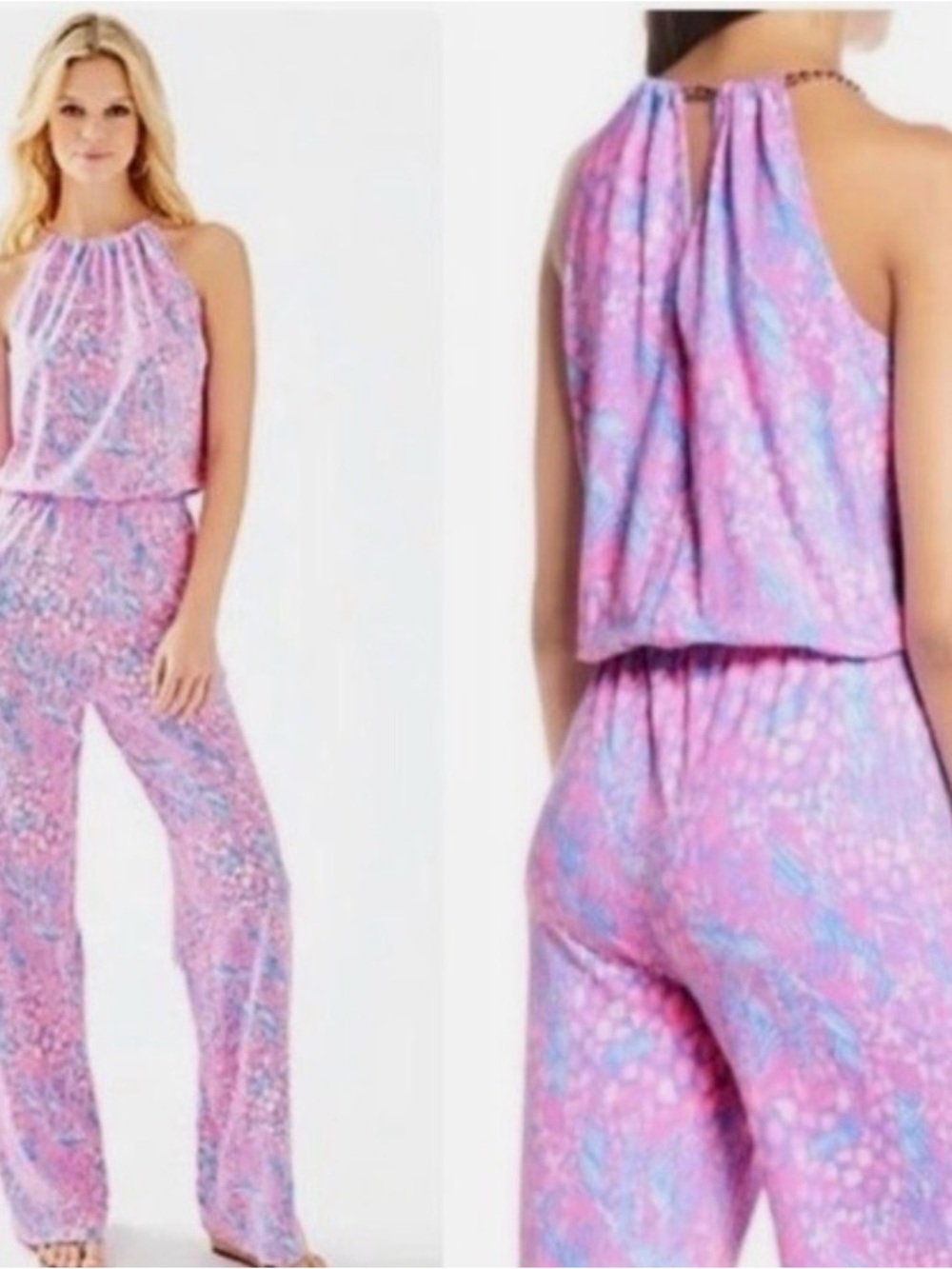 Like New Lilly Pulitzer Gold Chain Halter Neck Jumpsuit with Elastic Waist - Picture 2 of 9